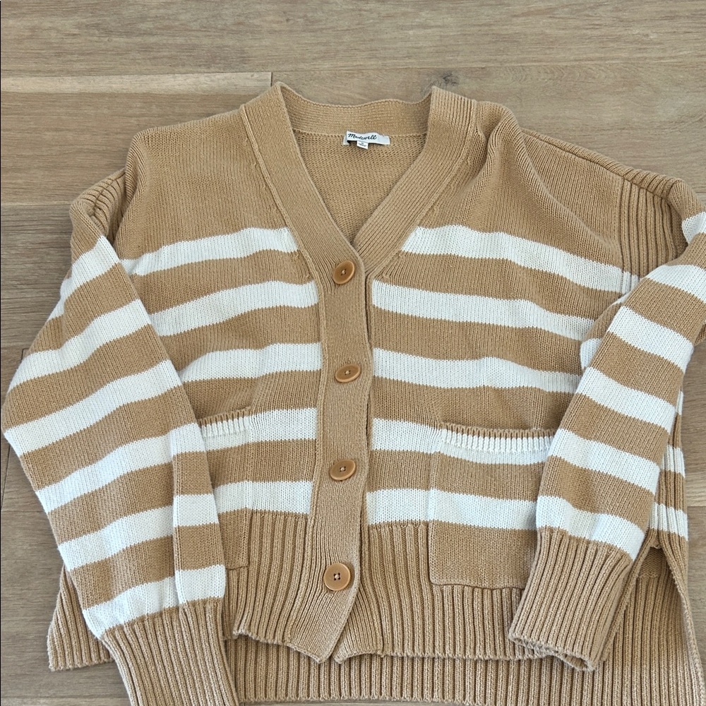 Madewell Tan and Cream Striped Button Cardigan